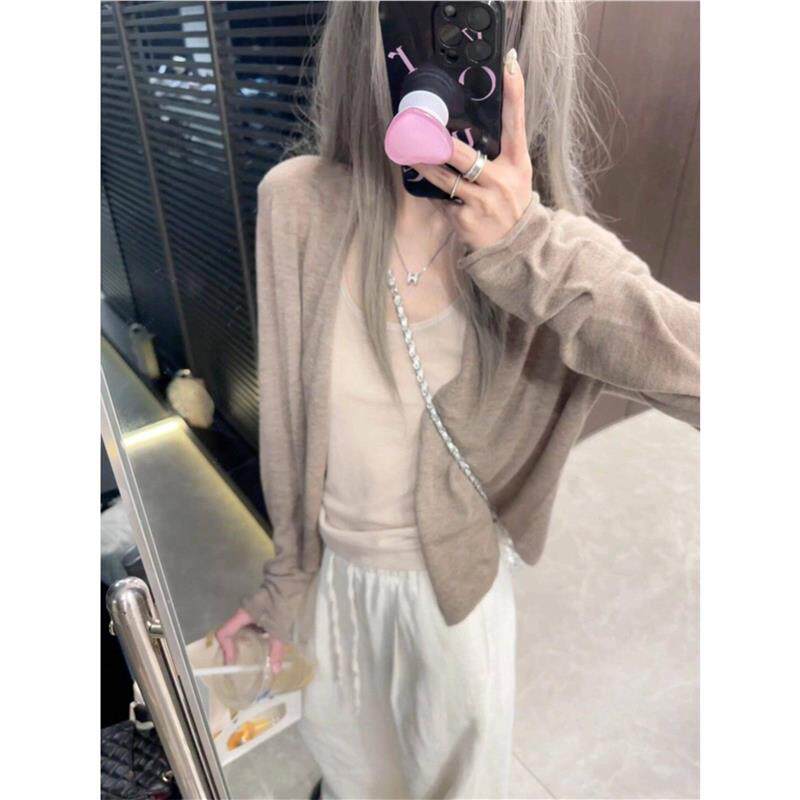 春夏松弛感别致薄款长袖外套针织开衫慵懒风吊带披肩外搭纯欲上衣