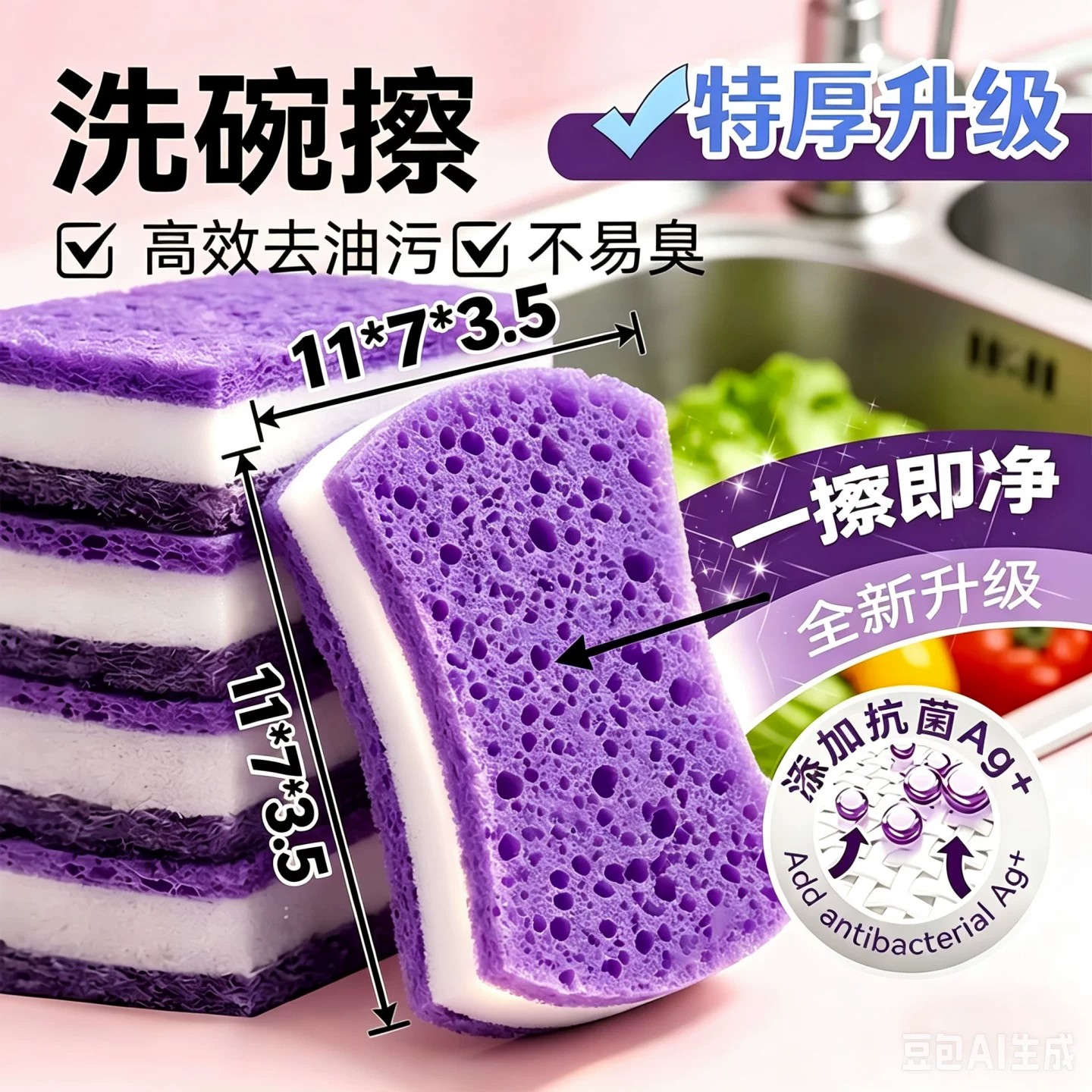 抗菌洗碗海绵擦金刚砂百洁布厨房专用木浆棉块魔术擦刷锅刷碗神器