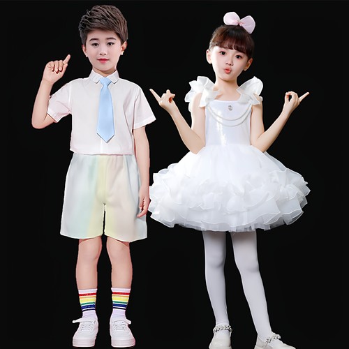 六一儿童舞蹈演出服幼儿园舞台表演服小学生蓬蓬裙纱裙公主裙白色