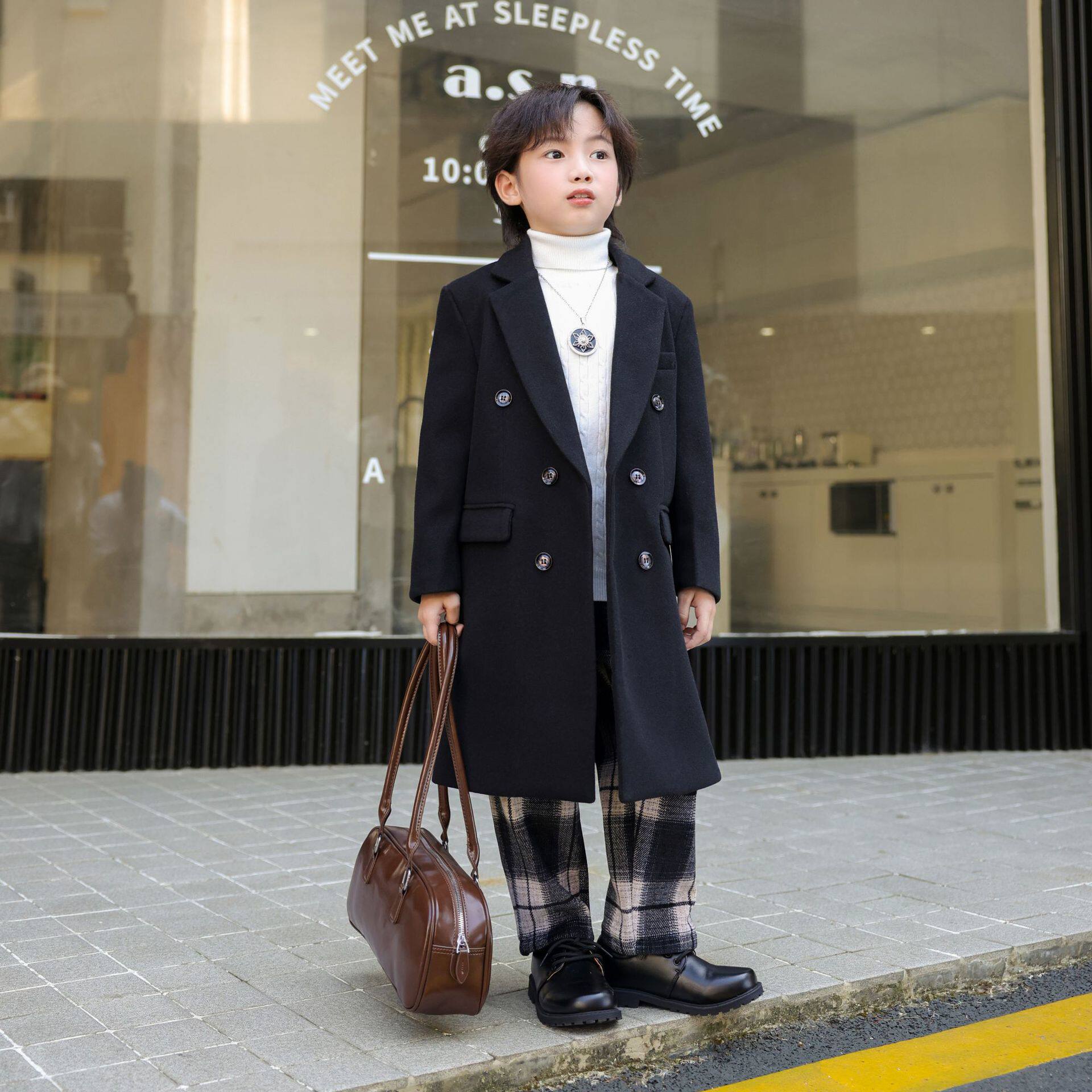2025秋季新款男童韩版风衣童装长款西装潮范外套童装双排扣呢大衣
