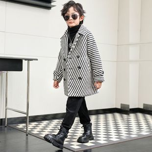 男童呢子大衣秋冬款条纹加厚洋气保暖中长款儿童毛呢外套韩版帅气