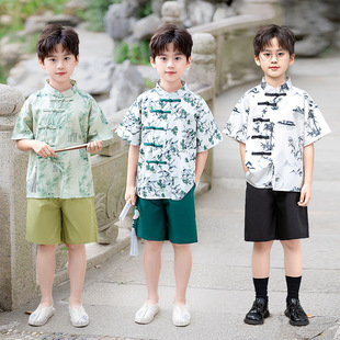 男童新中式汉服夏季新款国风绿竹短袖套装古风唐装六一儿童演出服