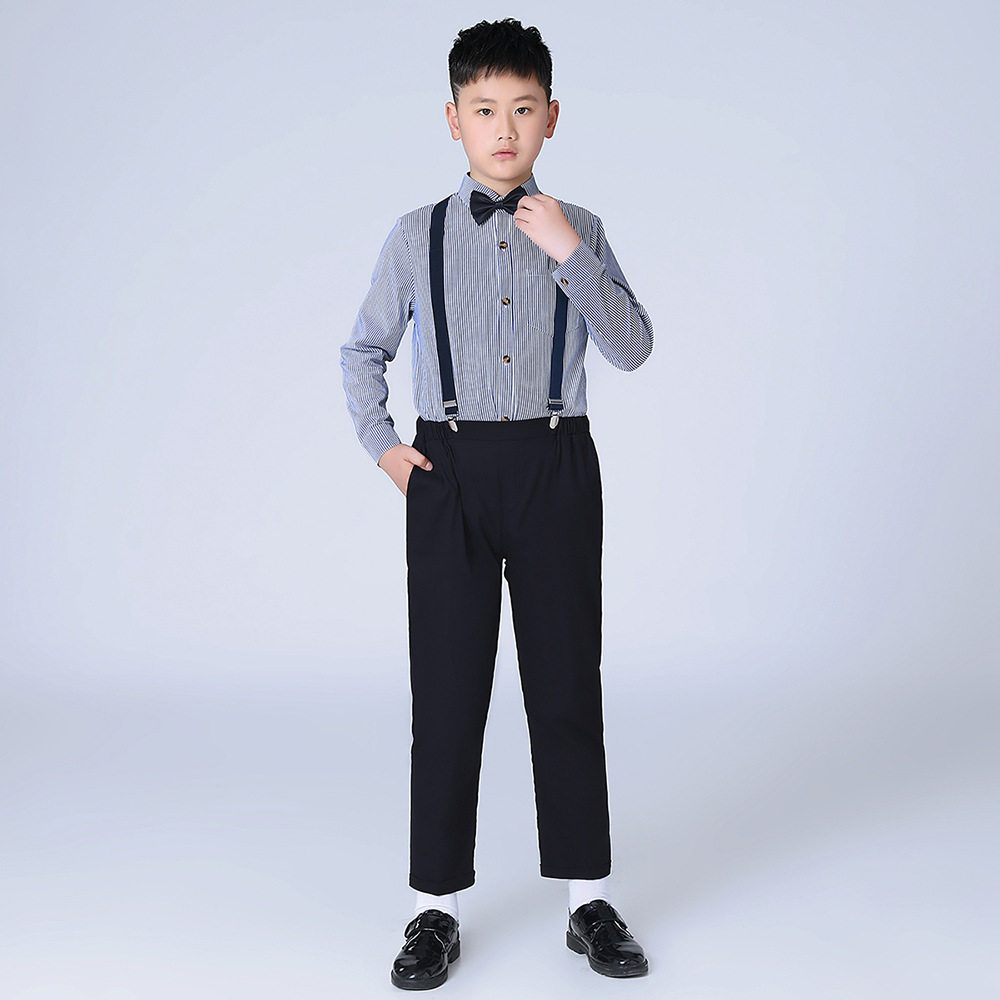 胖童儿童礼服新款条纹背带裤套装