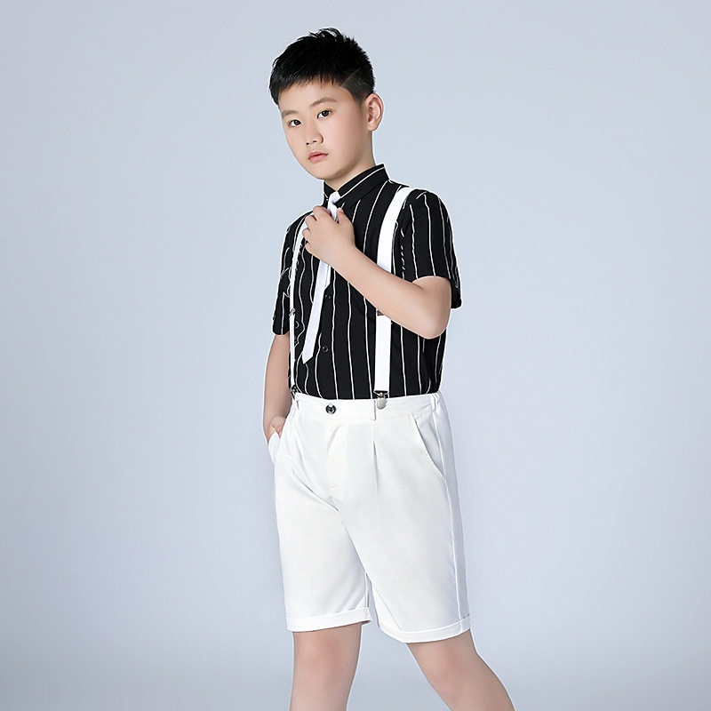 男童礼服夏季新款短袖条纹背带裤套装胖版儿童主持演出服加肥加大