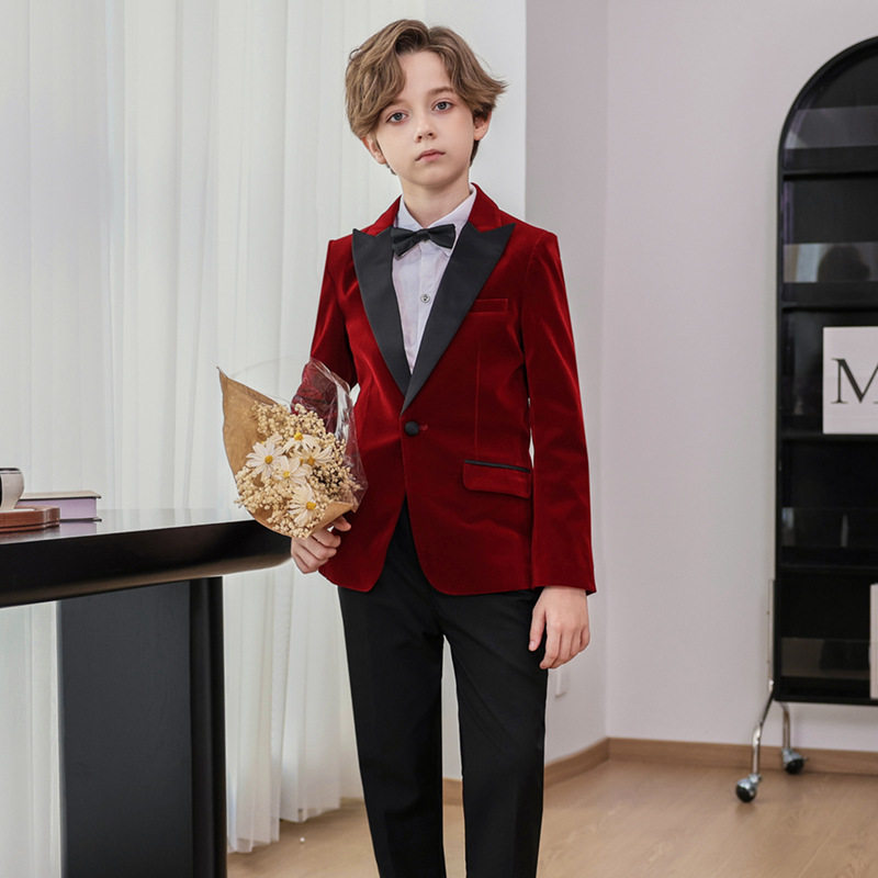 儿童西装英伦风男童周岁主持钢琴演出服花童礼服洋气丝绒西服外套