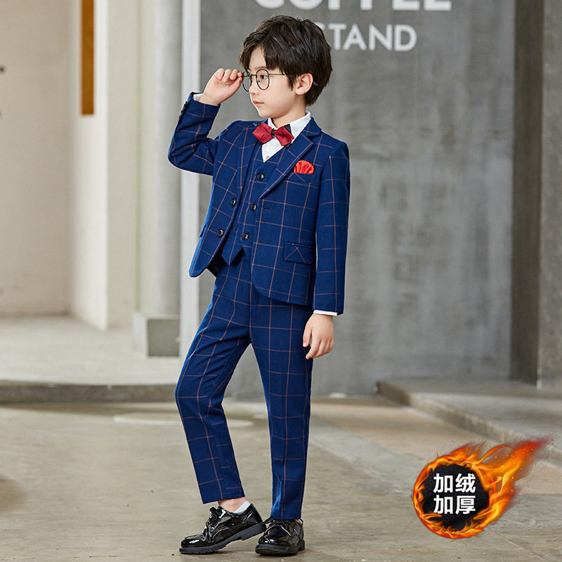 儿童礼服秋冬新款韩版纯色格子小西装外套男童花童婚礼主持西服潮