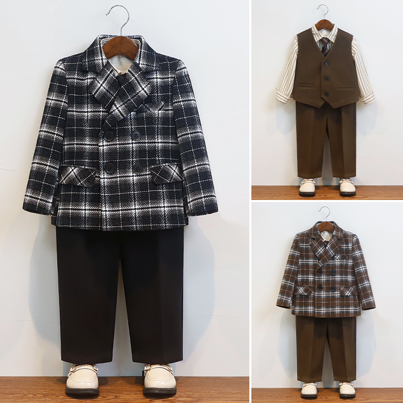 儿童西装秋冬休闲格子外套小西服花童周岁礼服男童钢琴主持演出服