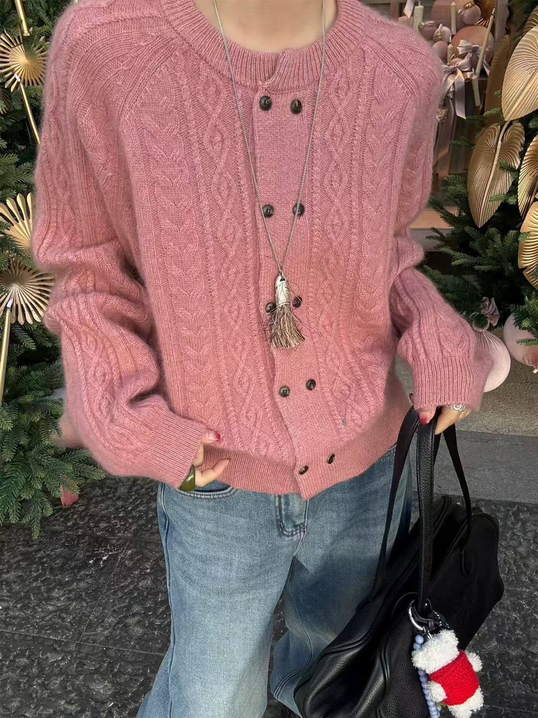 TEA.H正版韩系双排扣麻花菱形格绵羊毛针织开衫宽松软糯羊绒毛衣