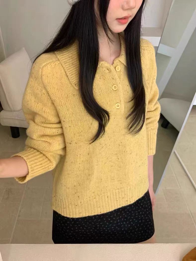 2025秋冬新款韩系翻领复古韩系学院风全毛毛衣女衬肤白百搭纯色