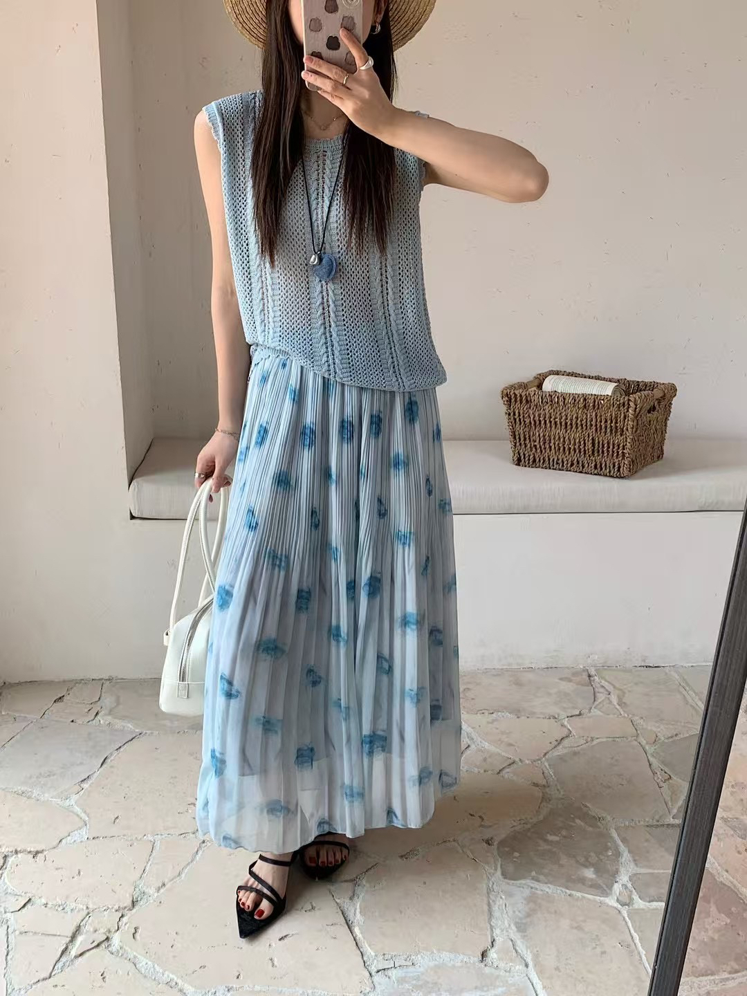 土布鱼6670百褶压褶蓝色花温柔气质显瘦垂感碎花2025夏款女半身裙