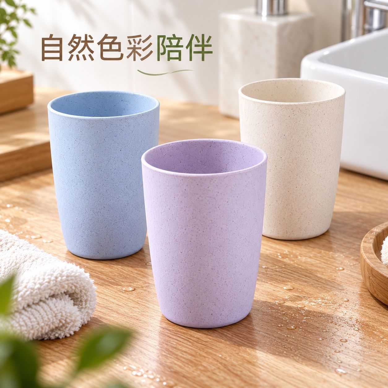 小麦秸秆洗漱杯家用浴室刷牙漱口杯蓝紫米白配色原木浴室清新好搭