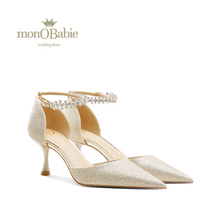 monobabie金色婚鞋女 秀禾婚纱两穿新娘鞋夏季水钻一字带包头凉鞋