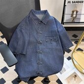 半袖 夏季 日系衬衣潮 牛仔衬衫 男宽松新中式 复古水洗盘扣工装 短袖