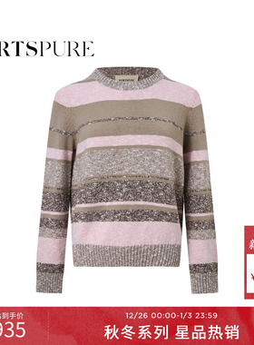 商场同款 宝姿PORTSPURE女装2025秋冬新品混色条纹圆领套头毛衫