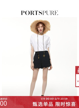 宝姿PORTSPURE女装时尚设计感创意花朵抽绳袖口T恤RT8N038TCD044