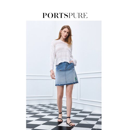 宝姿PORTSPURE女装舒适航海风度假钉珠渐变水洗棉半身裙