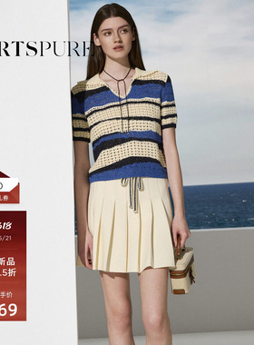 宝姿PORTSPURE女装2026早春新品波浪条纹V领POLO短袖套头毛衫