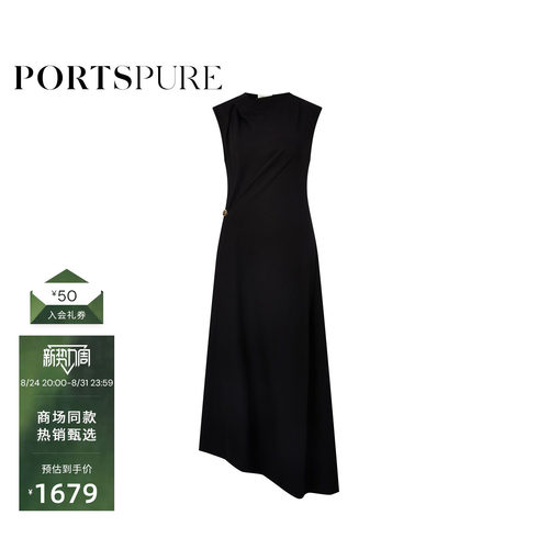 PORTSPURE无袖连衣裙女秋荡领不规则下摆简约收腰优雅小黑裙