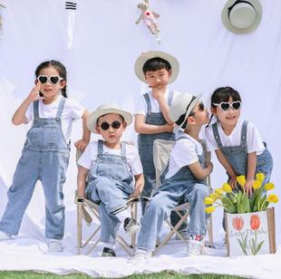 纯棉短袖 夏装 幼儿园园服啦啦队表演服小学生舞蹈服 儿童牛仔背带裤