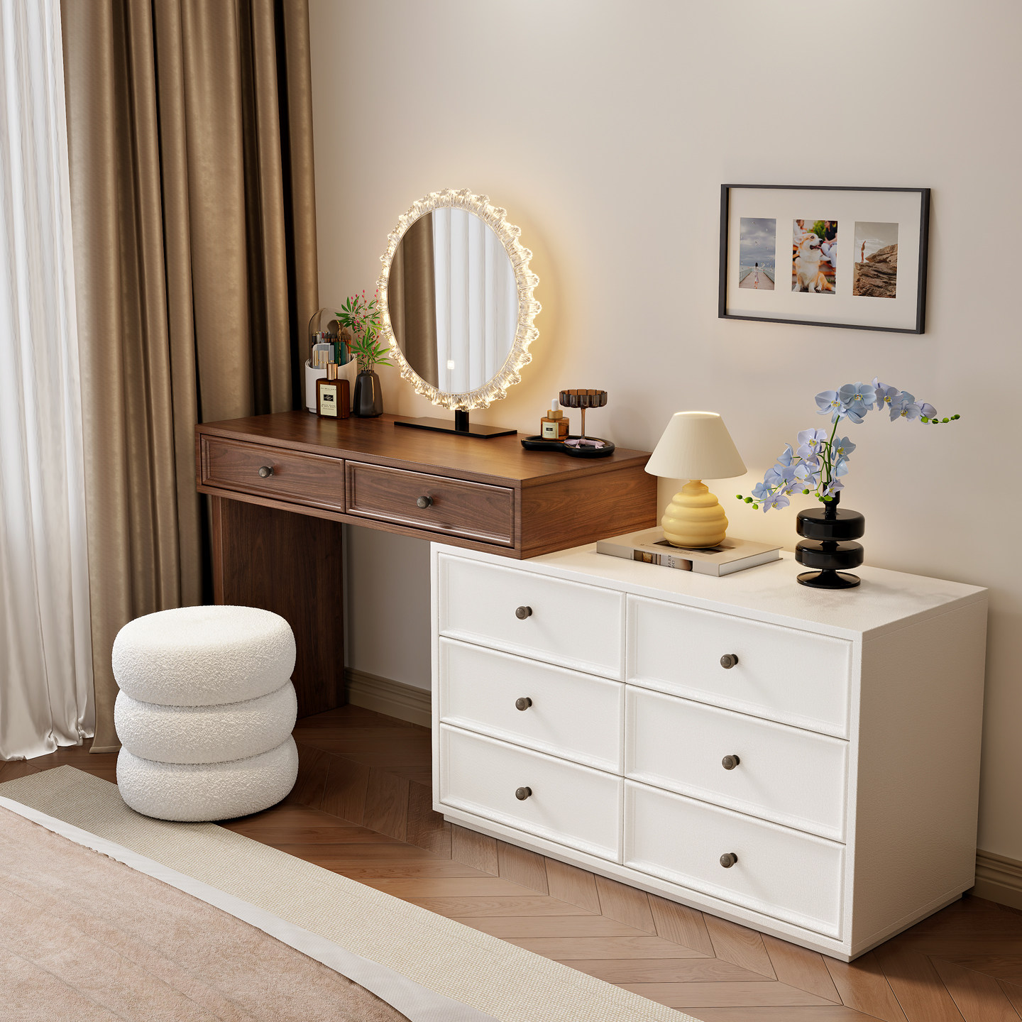 复古实木梳妆台斗柜一体现代简约卧室床尾中古奶油风化妆桌收纳柜