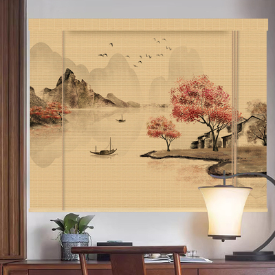 竹帘卷帘窗帘遮光山水画客厅隔断拉式升降禅意百叶茶楼阳台遮阳帘