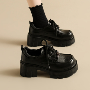 女高跟单鞋 7cm加绒增高厚底乐福鞋 真皮小皮鞋 新款 女 女2025秋冬季