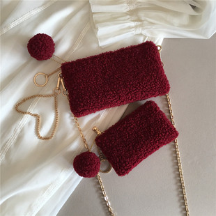 手机包新款钱包女式手拿包复古红色毛毛化妆包百搭链条单肩斜挎包
