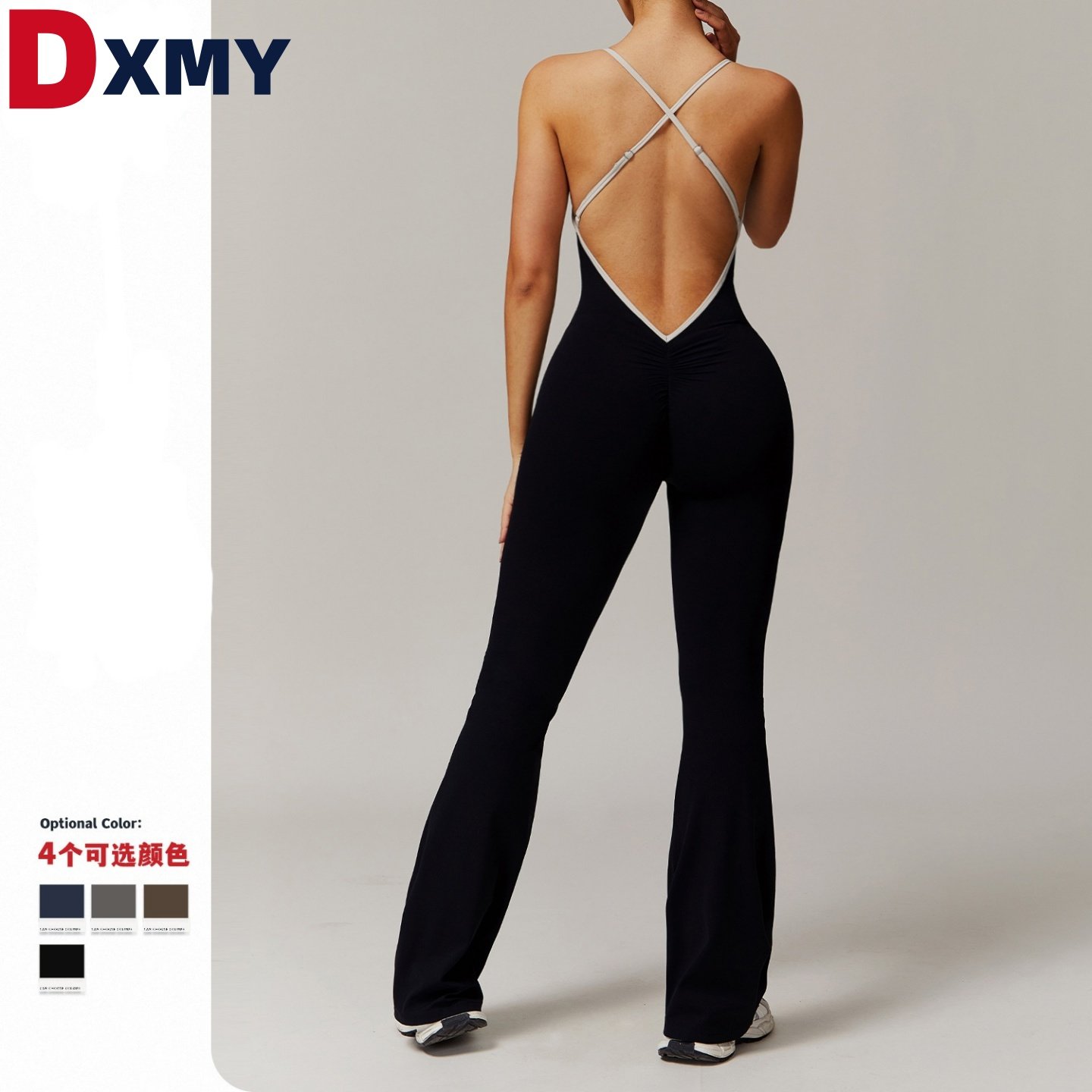 欧美跨境细肩带运动背心女连体带胸垫瑜伽服美背露背低胸舞蹈训练