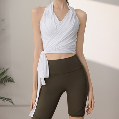 一衣两穿新锦纶提花运动绑带背心 专业修身健身瑜珈服上衣罩衫夏
