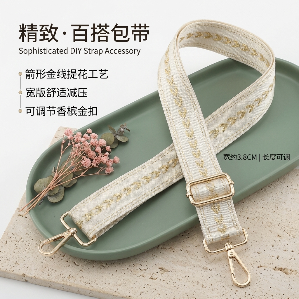 米白金线箭纹提花宽包带可调节香槟金五金包包斜挎替换减压肩带