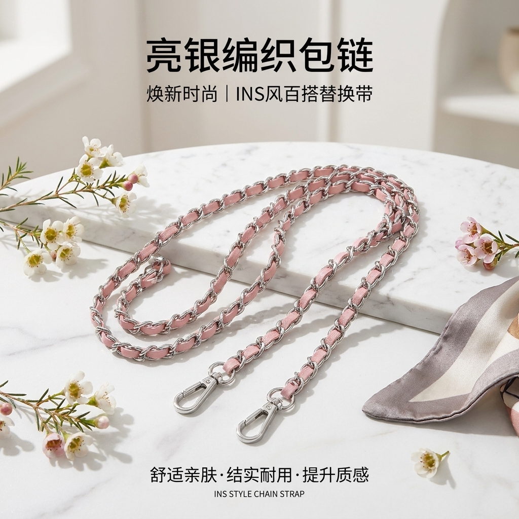 亮银粉色穿皮编织包链ins风简约女包单肩斜挎百搭替换链条配件