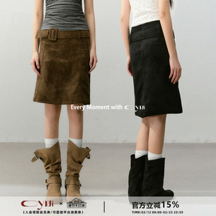 CyNi【旧日胶卷】磨毛感麂皮复古拼接直筒型中裙通勤简约百搭半裙