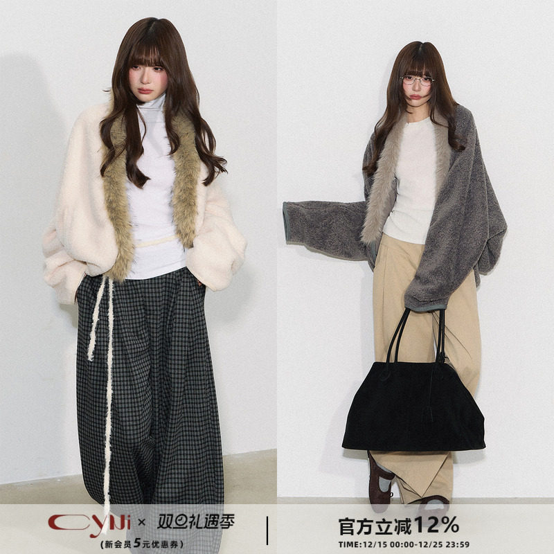 CyNi【暖绒午后】慵懒宽松落肩拼接大毛领上衣蝙蝠袖毛呢外套女