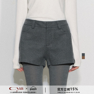 CyNi【呢喃短章】休闲百搭高腰阔腿休闲裤灰色毛呢短裤直筒靴裤
