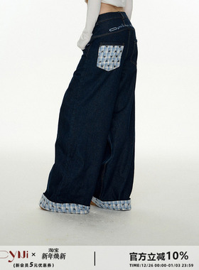 CyNi 设计感蝴蝶结格子拼接牛仔裤长裤直筒拖地裤高腰复古o
