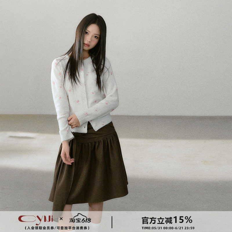 CyNi【绒花暖衫】碎花晕染印花圆领针织衫开衫外套显瘦百搭毛衣