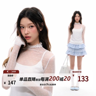 CyNi T恤 设计感甜美少女感波点网纱打底衫 半高领蕾丝弹力打底长袖
