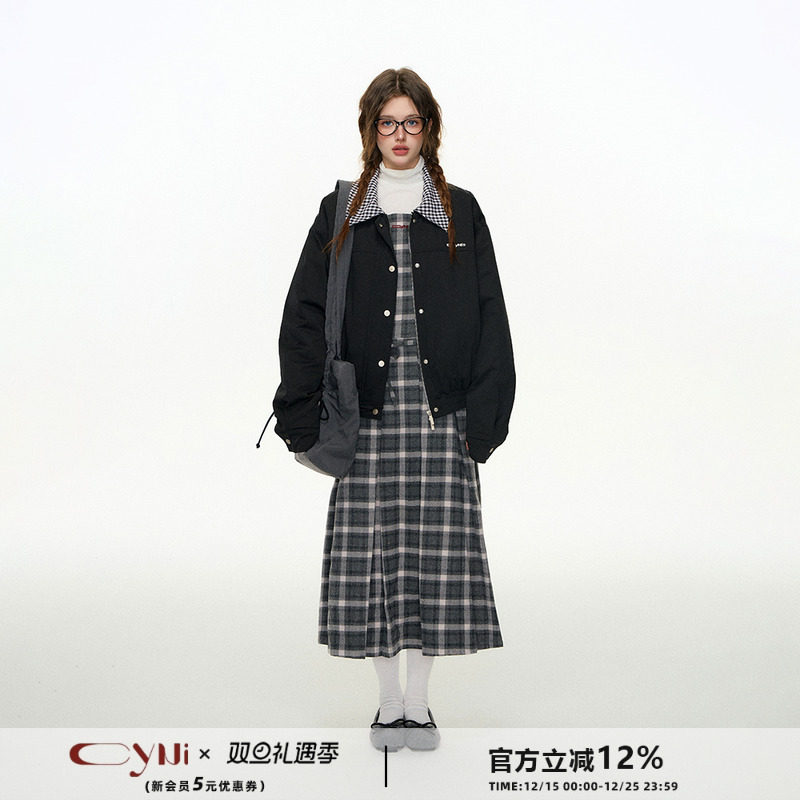 CyNi美式格子拼接夹克外套