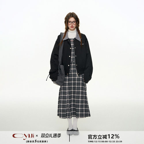 CyNi美式格子拼接夹克外套