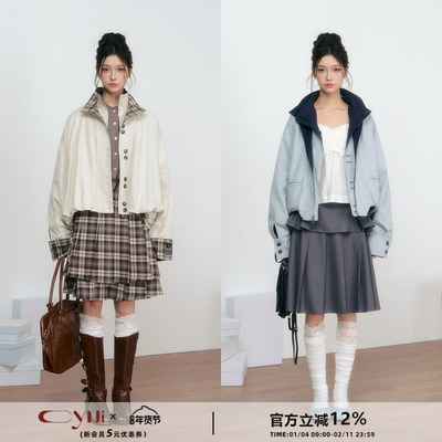 CyNi 设计感宽松翻领假两件长袖短外套格子拼接撞色花苞夹克上衣