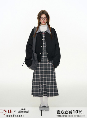 CyNi 美式格子拼接夹克外套夹棉加厚翻领上衣2024秋女宽松设计感o
