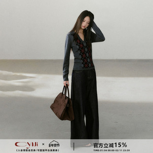 CyNi【菱格手札】绵羊毛高智感撞色菱格V领正肩针织毛衣显瘦上衣