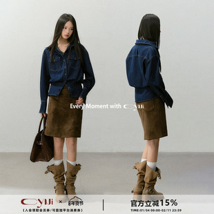 CyNi【靛蓝简衫】设计感收腰牛仔长袖衬衫翻领落肩袖休闲上衣通勤