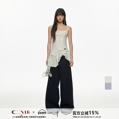 CyNi  法式甜美设计感不规则拼接蝴蝶结斜边吊带连衣裙女新款