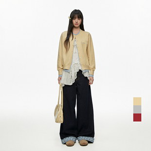 CyNi  简约甜美圆领休闲宽松双色假两件针织开衫毛衣女新款