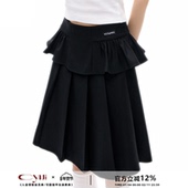 CyNi 甜美荷叶边拼接西装 百褶A字裙中裙黑色简约基础百搭半裙女