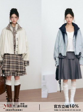 CyNi 设计感宽松翻领假两件长袖短外套格子拼接撞色花苞夹克上衣