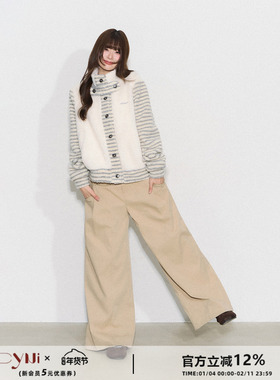 CyNi【条绒对白】休闲廓形立领宽松加厚夹克条纹拼接羊羔毛外套
