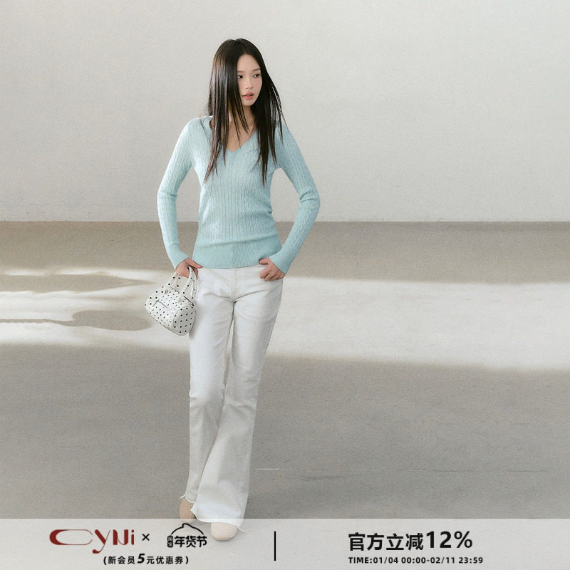CyNi 【釉下春晴】羊毛混纺V领坑条麻花长袖针织衫显瘦打底上衣,女装/女士精品,毛针织衫,淘宝优惠券,粉丝福利购,淘宝优惠卷