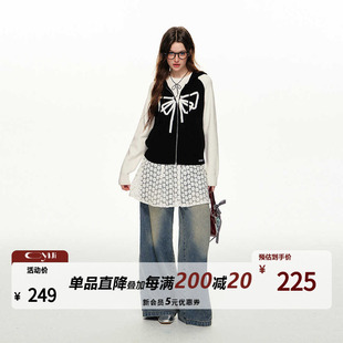 CyNi 上衣外套2024秋设计宽松o 甜美手工蝴蝶结针织秋季 女连帽开衫